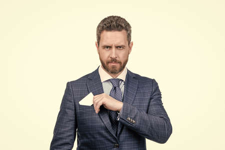 Senior manager pull identity card from formal suit jacket pocket, identification, copy space