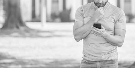 cropped man check email on mobile phone, copy space, communication