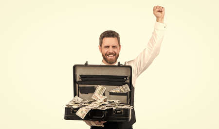 happy businessman with money cafe isolated on white background, success