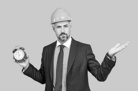delivery of construction object on time. businessman in protective helmet. safety businessの写真素材