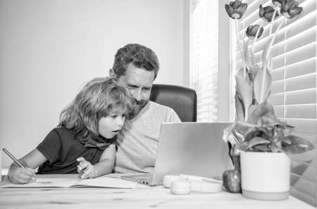 family blog. boy do homework with private teacher. webinar video lesson. online education