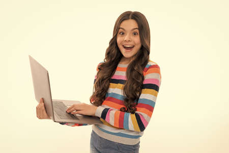 surprised kid study online education typing school blog or check email on computer, education