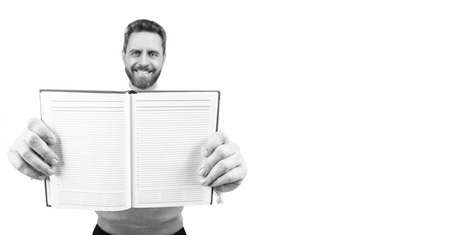 man hold planner. copy space. agenda. businessman hold notebook. ceo with notepad, selective focus