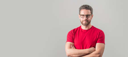 Man face portrait, banner with copy space. vision acuity and eyesight. vision correction for male...