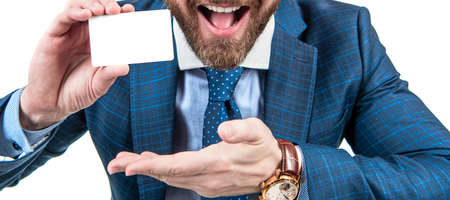 just look over there. businessman presenting credit or debit card. happy ceo. Horizontal poster design. Web banner header, copy space.の写真素材