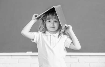 child boy study online in school classrrom with computer, childhoodの写真素材