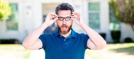 Man face portrait, banner with copy space. vision correction. eye health. optical eyecare. back to...
