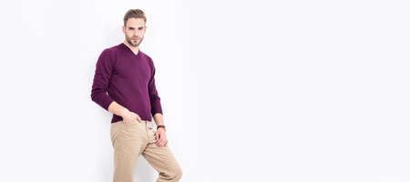 Handsome guy with fashion look wear modern clothes isolated on white, casual. Man face portrait, banner with copy space.の写真素材