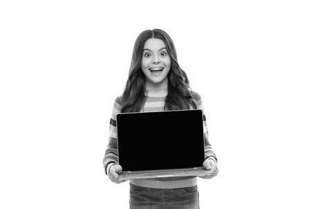 amazed teen girl study online education making presentation on computer copy space screen, school