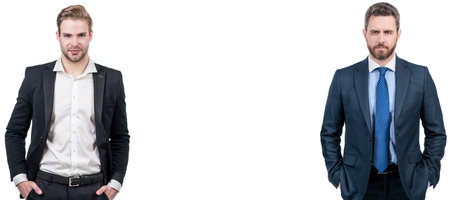 Man face portrait, banner with copy space. Spirit of Expertise. two businessmen in suit. business...