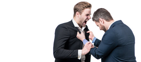 Man face portrait, banner with copy space. disagreed men business partners or colleague disputing while conflict, businessmen conflict.の写真素材