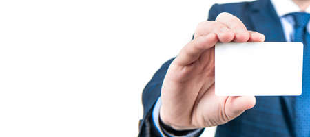 Sharing business card. Empty card selective focus. Identification paper. Formal introduction. Horizontal poster design. Web banner header, copy space.の写真素材