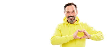 Man face portrait, banner with copy space. love symbol. mature happy man with beard. smiling senior guy with moustache isolated on white.の写真素材