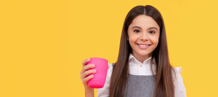 New thirst, new drink. Happy child hold plastic cup. Obey the thirst in you. Horizontal poster...