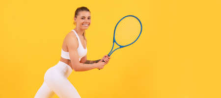 Woman isolated face portrait, banner with mock up copyspace. happy young girl in sportswear running with racket. sportswoman. energetic woman.の写真素材