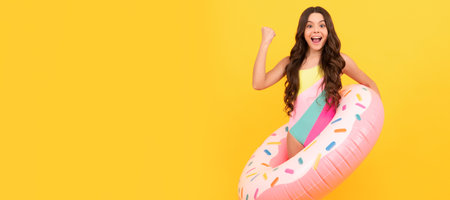 summertime kid weekend. summer vacation. amazed girl in swimsuit inflatable doughnut ring. Banner of...