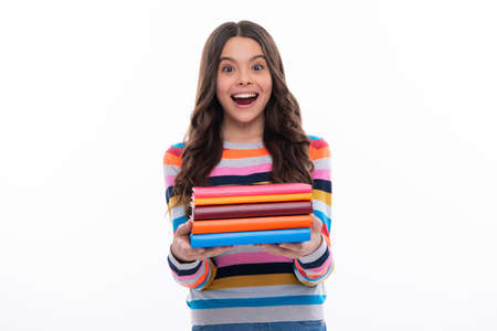 Teenager school girl study with books. Learning knowledge and kids education concept. Excited face,...