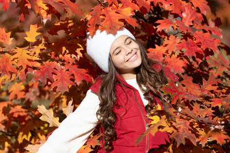 Child teen girl in autumn fall park outdoor, autumn fun kids face. happy kid in hat at autumn leaves...