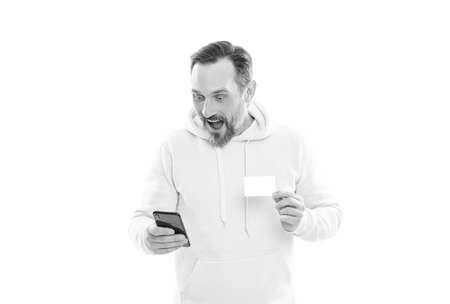surprised man chatting on phone online card isolated on white copy space, shopping online.