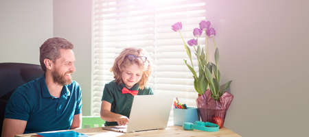 Banner of teacher and pupil school boy with laptop at home, homeschooling and elearning. back to...
