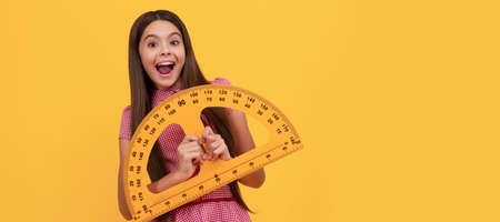 surprised kid study math in school hold protractor ruler, mathematics. Horizontal isolated poster of...
