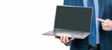 cropped businessman man pointing finger on laptop screen for copy space advertisement, business....