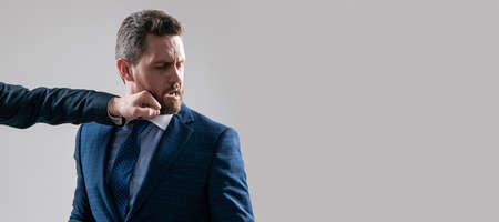 Man face portrait, banner with copy space. knockout. struggle for leadership. displeased colleague...