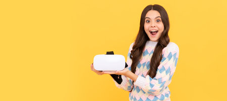 surprised teen girl hold vr glasses using future technology for education, vr school. Banner of...