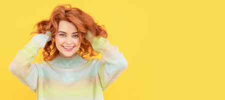 Woman isolated face portrait, banner with copy space. Portrait of beautiful cheerful redhead girl...