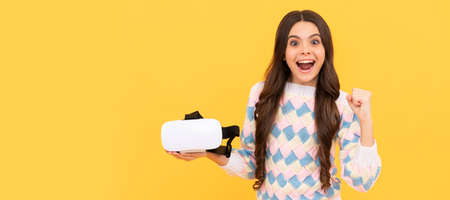 childhood development. amazed teen girl hold wireless VR glasses. Banner of child girl with virtual...