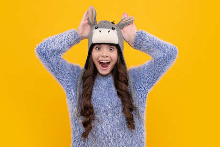 Beautiful winter kids portrait. Teenager girl posing with winter sweater and knit hat on yellow background. Excited teenager girl.の写真素材