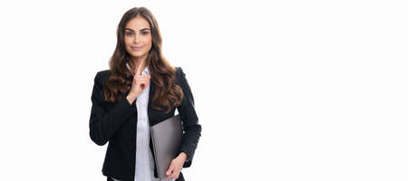 Using computer technology in business. Businesswoman hold laptop pointing finger. Woman isolated face portrait, banner with copy space.の写真素材