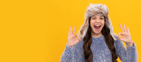 express positive emotion. winter fashion. ok. cheerful kid with curly hair in earflap hat. Banner of child girl in winter hat, studio poster header with copy space.の写真素材