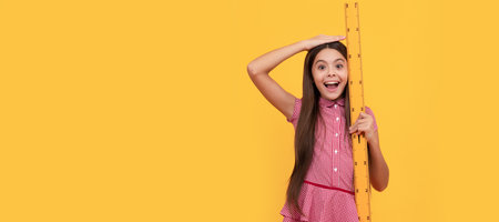 amazed kid study math in school hold ruler, height of child. Banner of school girl student....