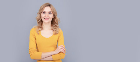Woman isolated face portrait, banner with mock up copy space. confidence. confident lady with curly...