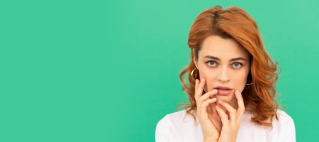 Woman isolated face portrait, banner with copy space. beauty and skincare. female fashion model....