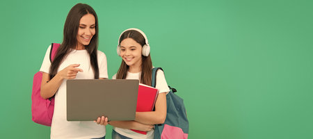 Mother and daughter child banner, copy space, isolated background. online education. pupil and...