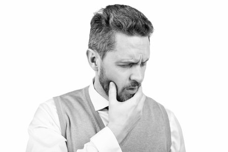 stressed guy with moustache having toothache. grizzled man touch jaw.の写真素材