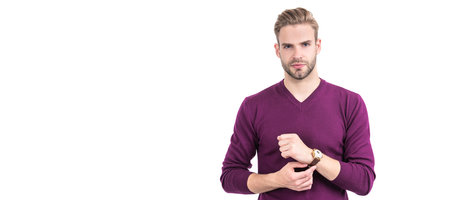 Every man needs some time for himself. Attractive man isolated on white. Luxury watch. Man face portrait, banner with copy space.の写真素材