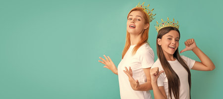 Mother and daughter child banner, copy space, isolated background. Advertising your prom. Selfish...