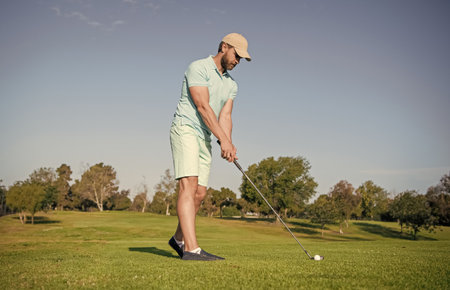 mature male golf player on professional course with green grass, golf courseの写真素材