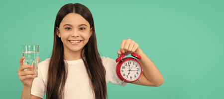 healthy childhood lifestyle. time to drink water. water balance in body. Banner of child girl with...