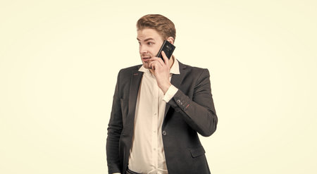 How may I help you. Businessman got phone call. Phone call. Mobile communicationの写真素材