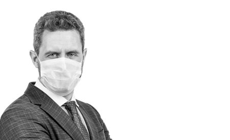 No mask no service. Manager wear face mask isolated on white. Masking for COVID-19 preventionの写真素材