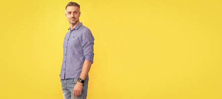 Man face portrait, banner with copy space. mens beauty. hoary man portrait with grizzled hairstyle. confident man with gray beard.の写真素材