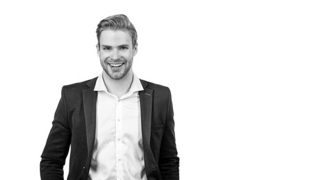 Happy businessman smile in formal business suit isolated on white copy space, managerの写真素材