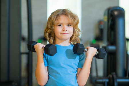 Sport activities at leisure with children. Blonde boy holding dumbbells. Sports exercises for children. Funny child lifting the dumbbells.の写真素材