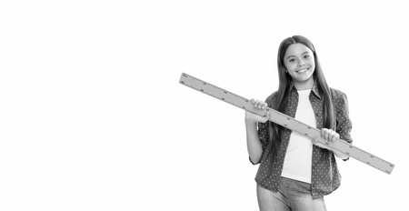 happy kid hold ruler study trigonometry at school isolated on white, schoolの写真素材
