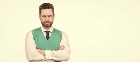 Man face portrait, banner with copy space. charismatic guy in formalwear crossed hands isolated on white background, copy space, confidence.の写真素材