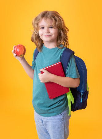 Back to school. School child with book and apple. Learning and knowledge. Go study. Education concept.の写真素材